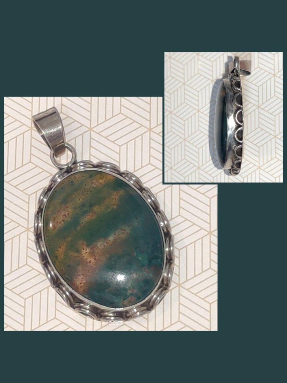 925 Sterling Silver Green Jasper Pendant 18g Large Oval Artisan Boho Statement